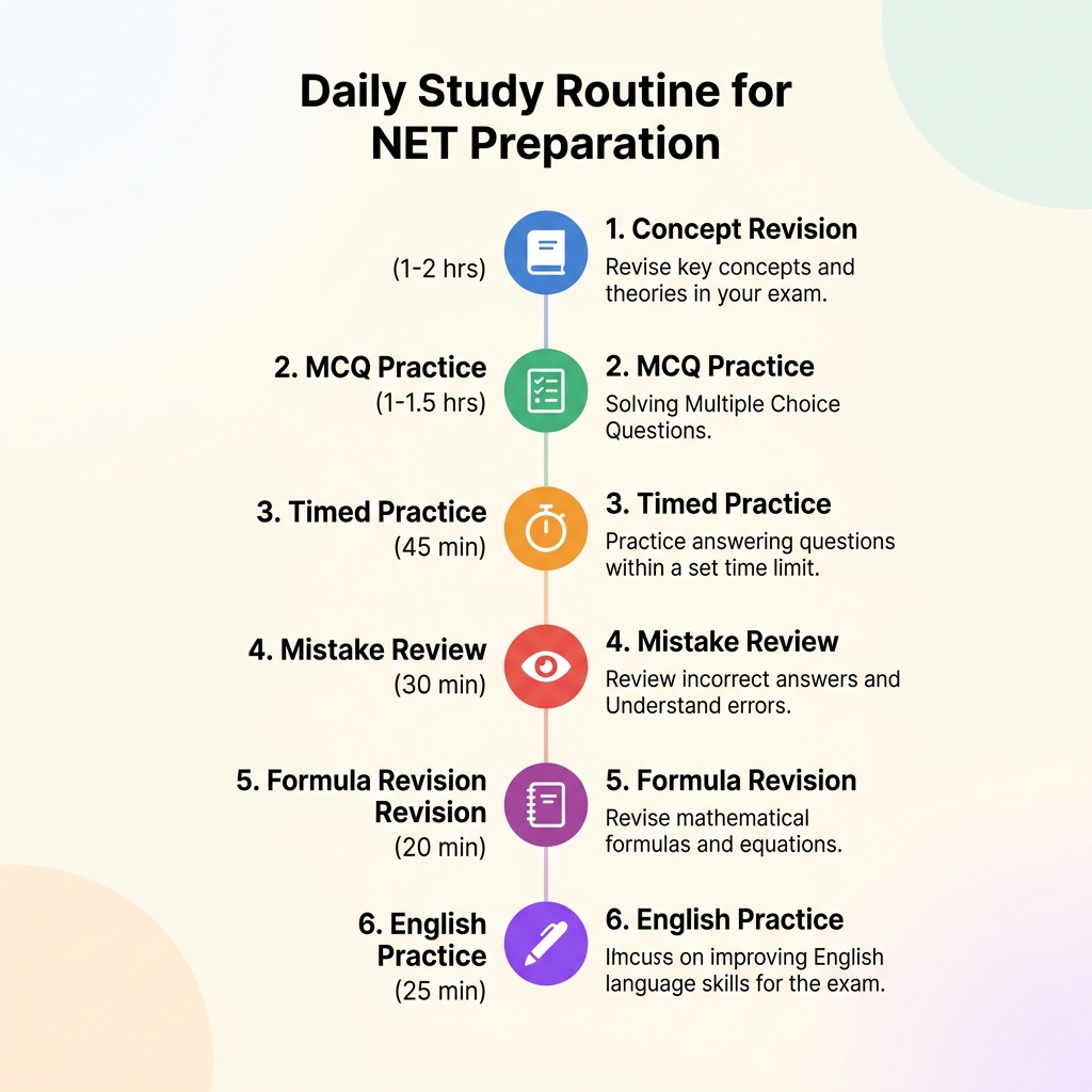 Daily study routine for NET preparation — 6-step schedule including concept revision, MCQ practice, timed tests, mistake review, formula revision, and English practice