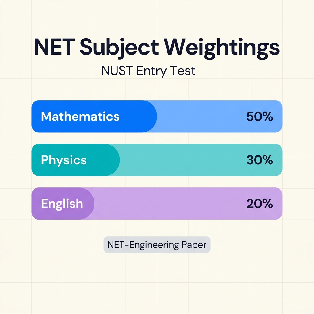 NET Engineering subject weightings infographic — Mathematics 50%, Physics 30%, English 20%